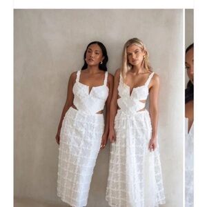 White Midi Dress with Textured Lace Details - Womens